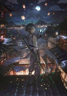 an anime character standing on top of a roof at night with lanterns in the sky