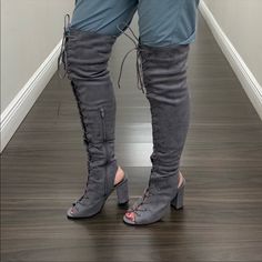 Grey Faux Suede. Open Toe. Chunky Heel. Only Been Tried On. Never Worn. True To Size. High Lace Up Boots, Chunky Heel, Soul Food, Thigh High, Over The Knee Boots, Lace Up Boots, Thigh Highs, Over The Knee, Chunky Heels