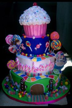 a three tiered cake decorated with candy and candies