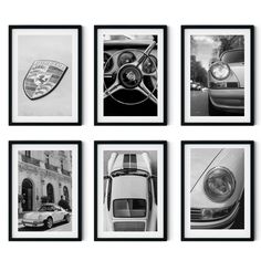 six black and white photographs of classic cars