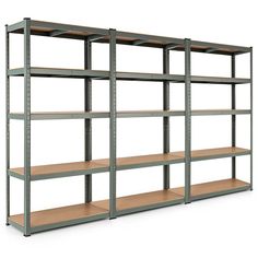 an empty metal shelving unit with three shelves on one side and two wooden shelves on the other