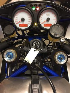 the gauges and speedometers are visible on this motorcycle