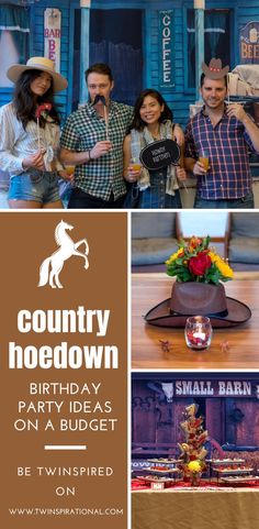 a collage of photos with the words country hoeddown birthday party ideas on a budget