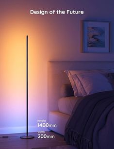 the floor lamp is next to a bed in a room with purple walls and white sheets