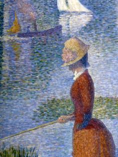 a painting of a woman fishing on the water with sailboats in the background,