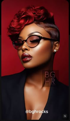 Rap Hairstyles Woman, Pixie Hairstyles With Color, Red Hair Red Lipstick, Short Hair Color Ideas Pixies, Color Pixie Hair Black Women, Hairstyle With Color, Wavy Pixie Hairstyles, Gorgeous Red Hair, Black Girls Hair