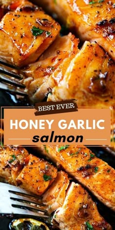 honey garlic salmon on a plate with a fork