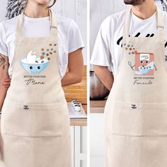 two pictures of a man and woman wearing aprons with the same image on them