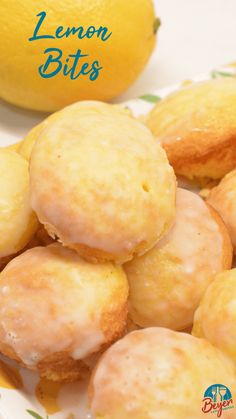 lemon bites are on a plate next to a lemon and some other food with the words lemon bites written above them