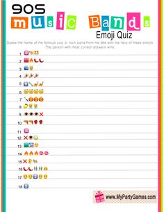 the printable music band quiz game for kids is shown in colorful letters and numbers