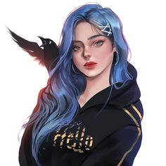 a drawing of a woman with blue hair and a bird on her shoulder, wearing a hoodie