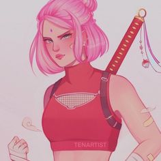 a woman with pink hair holding a tennis racquet in one hand and an arm on the other