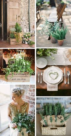 four different pictures with flowers and greenery in them, including a table setting for an outdoor wedding