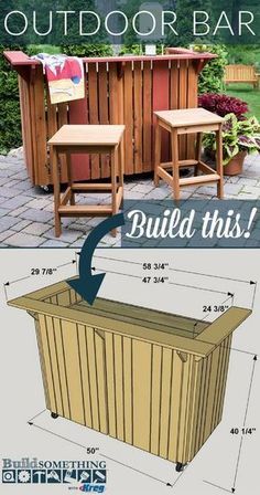 an outdoor bar with stools next to it and the measurements for each piece of furniture