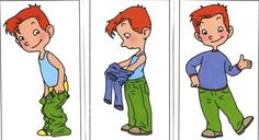 three pictures of a boy with red hair and green pants, one has his hand on his hip