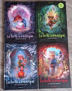 four children's books in french and english on a wooden floor with the title la botle a mousquet