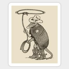 a black and white drawing of a rat with a lasso on it's back