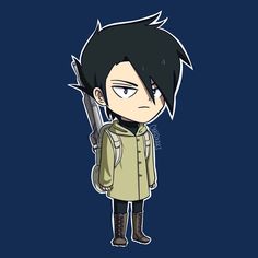 an anime character is holding a knife and wearing a green jacket with black hair, standing in front of a dark blue background