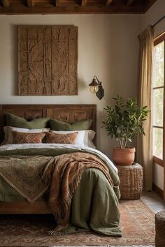 Brown Bohemian Bedroom, Modern Desert Bedroom Ideas, Rust Olive Bedroom, Rustic Bed Set, Modern Boho Room Decor, Brown Green Bedroom Aesthetic, Hacienda Bedroom Decor, Bedroom Decor Ideas With Dark Furniture, Fall Bedspread Ideas