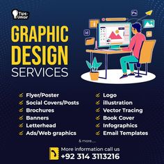 graphic design services flyer with man sitting at desk