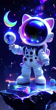 an astronaut cat standing on top of a rock in outer space with the moon and stars behind him