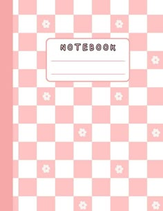 a pink notebook with the words notebook written in black and white on it, against a checkered background