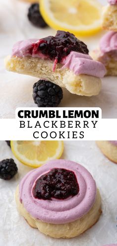 lemon blackberry cookies with blueberry icing and blackberries on the top one is cut in half