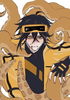 an anime character with black hair and yellow clothes holding his hands out to the side