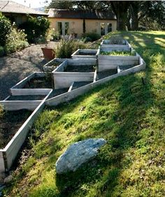 a row of raised garden beds in the grass