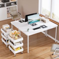 a computer desk with a laptop on top of it next to a chair and bookshelf