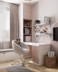 a white chair sitting in front of a window next to a desk and bookshelf