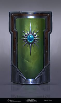 an image of a green and silver shield with a blue ball in it's center