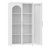 a white cabinet with two doors and shelves