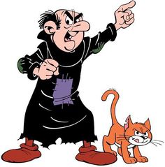 an image of a cartoon character pointing at a cat that is standing next to him