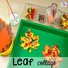 the leaf collage is made with construction paper and colored candies in front of it