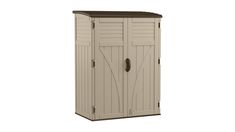 an outdoor storage shed with the door open and shutters closed, on a white background