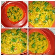 four pictures of different food items in red plates on a counter top, including rice and parsley