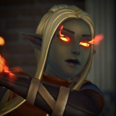 an animated image of a woman with glowing eyes and blonde hair, holding her arm out