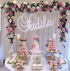 a table topped with lots of cakes and desserts