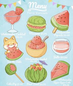 a poster with different foods and drinks on the front, including watermelon ice cream