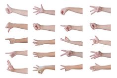 multiple images of hands with different gestures on each hand, including fingers and thumbnails