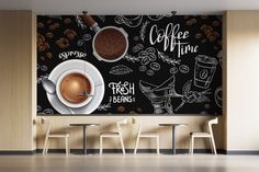 there is a coffee shop wall mural on the wall