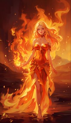 a woman dressed in orange and yellow is walking through the fire with her hands on her hips