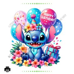 a cartoon character with balloons and flowers on it's head, sitting in front of a