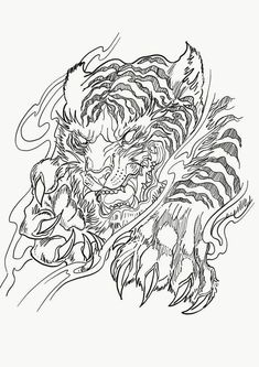 a black and white drawing of a tiger's head with flames coming out of it