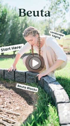 a woman is bending over to look at the ground in her garden area with words describing how to start here