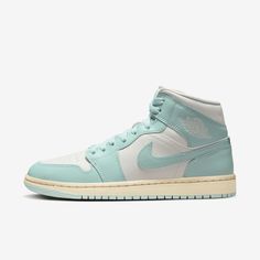 The Air Jordan 1 Mid brings full-court style and premium comfort to an iconic look. Its Air-Sole unit cushions play on the hardwood, while the padded collar gives you a supportive feel. Air Jordan 1 Mid Baby Blue, Cute Jordan 1 For Women, Nike Trendy Shoes, Air Jordan 1 Mid Women, Girls Nike Shoes, Nike Air Jordan Mid, Blue Air Jordan 1, Cute Jordans, Hoco Inspo