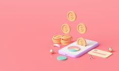 an electronic scale with coins coming out of it on a pink background and scattered objects