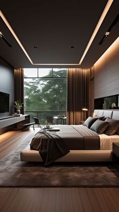 a modern bedroom with wood flooring and large windows