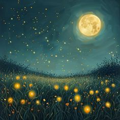 a painting of a field with yellow flowers in front of a full moon